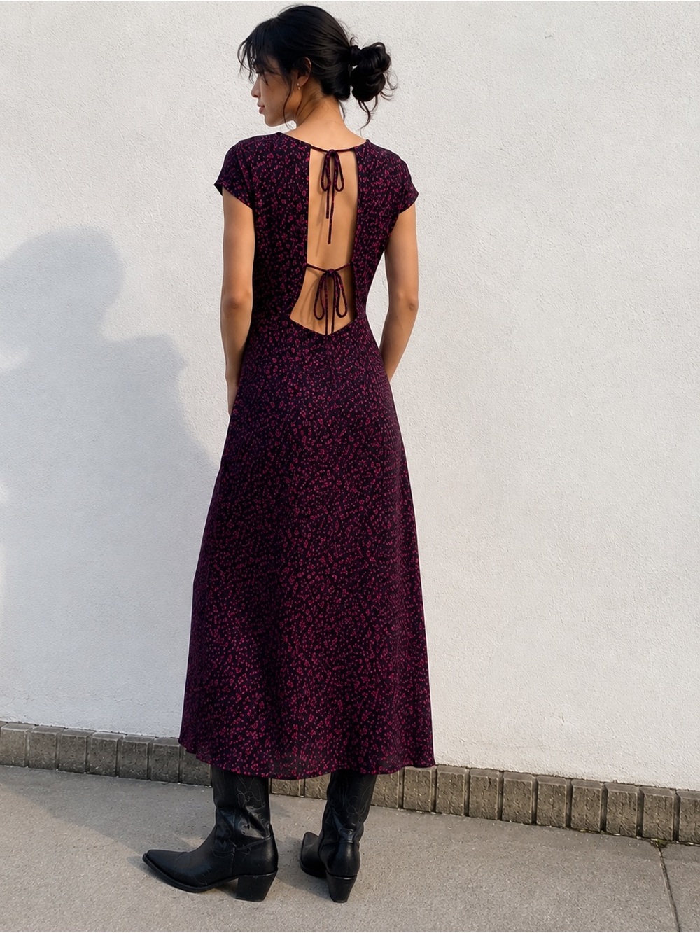 Urban Outfitters Open-Back Floral Midi Dress in Black and Fuchsia floral print